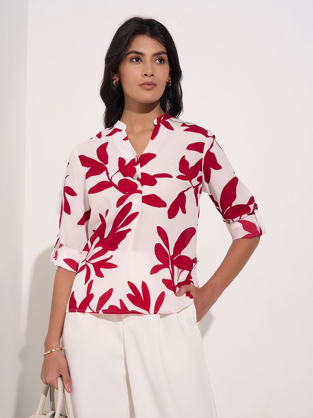 

Annabelle by Pantaloons Floral Print Roll-Up Sleeves Shirt Style Top, Red