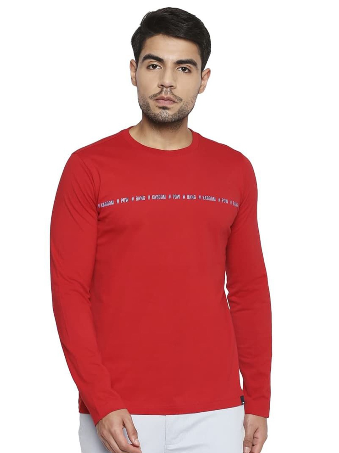 

Basics Men Typography Printed Round Neck Cotton T-shirt, Red