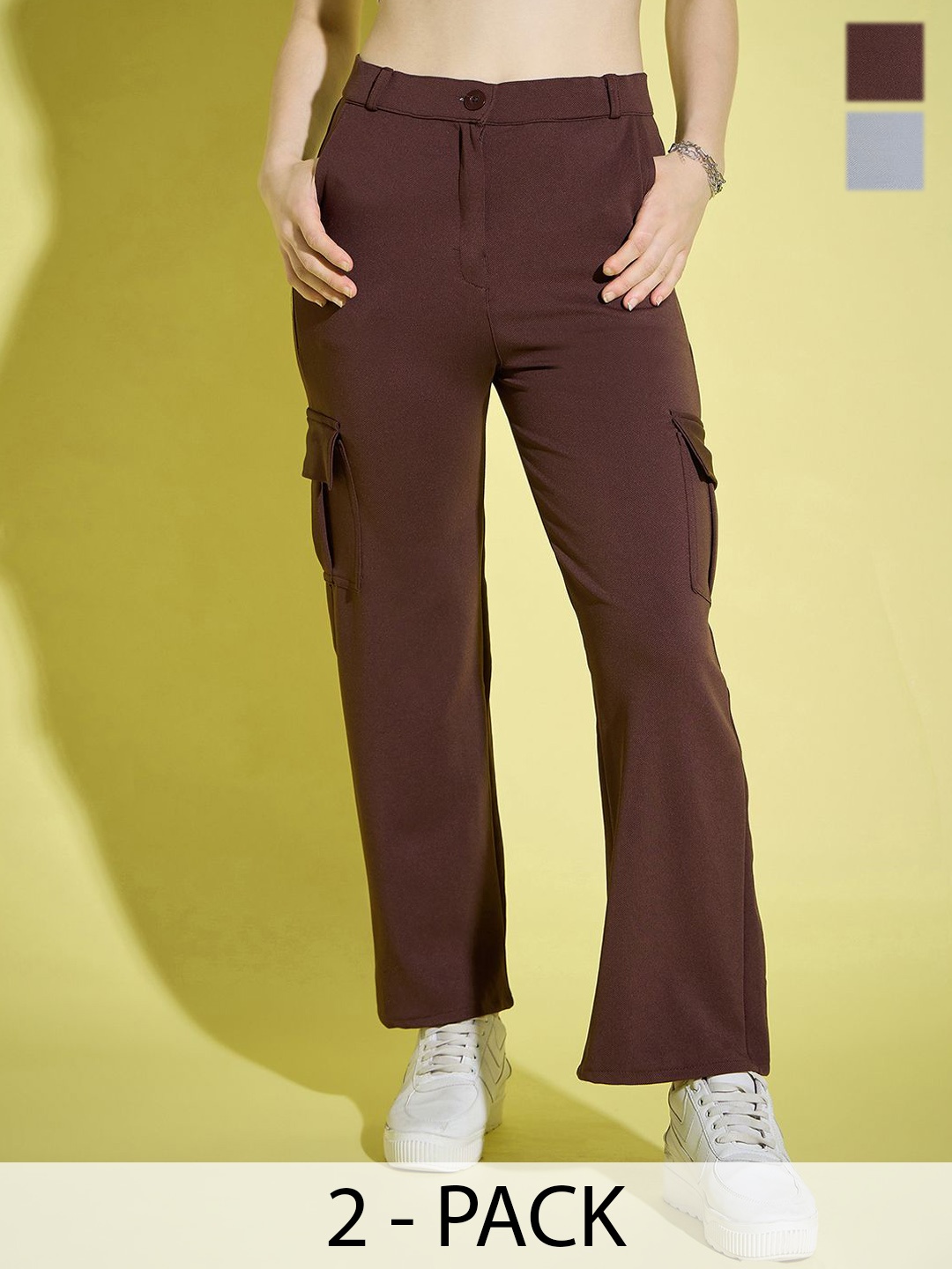 

DIMPY GARMENTS Women Relaxed High-Rise Cargos Trousers, Coffee brown