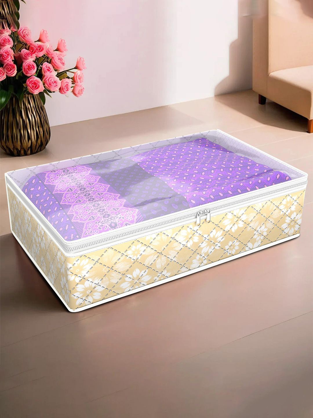 

Kuber Industries Gold-Toned Flower Quilted Printed With Top Visible Window Organiser
