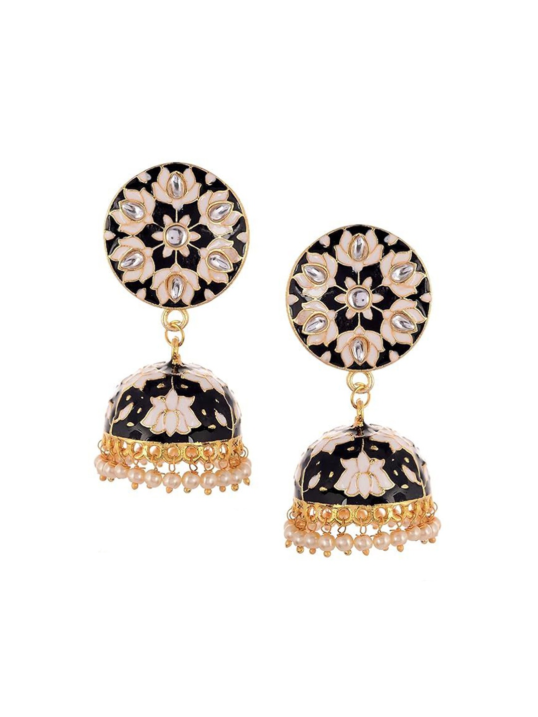 

Kezlin Gold-Plated Kundan Studded Dome Shaped Jhumkas, Black