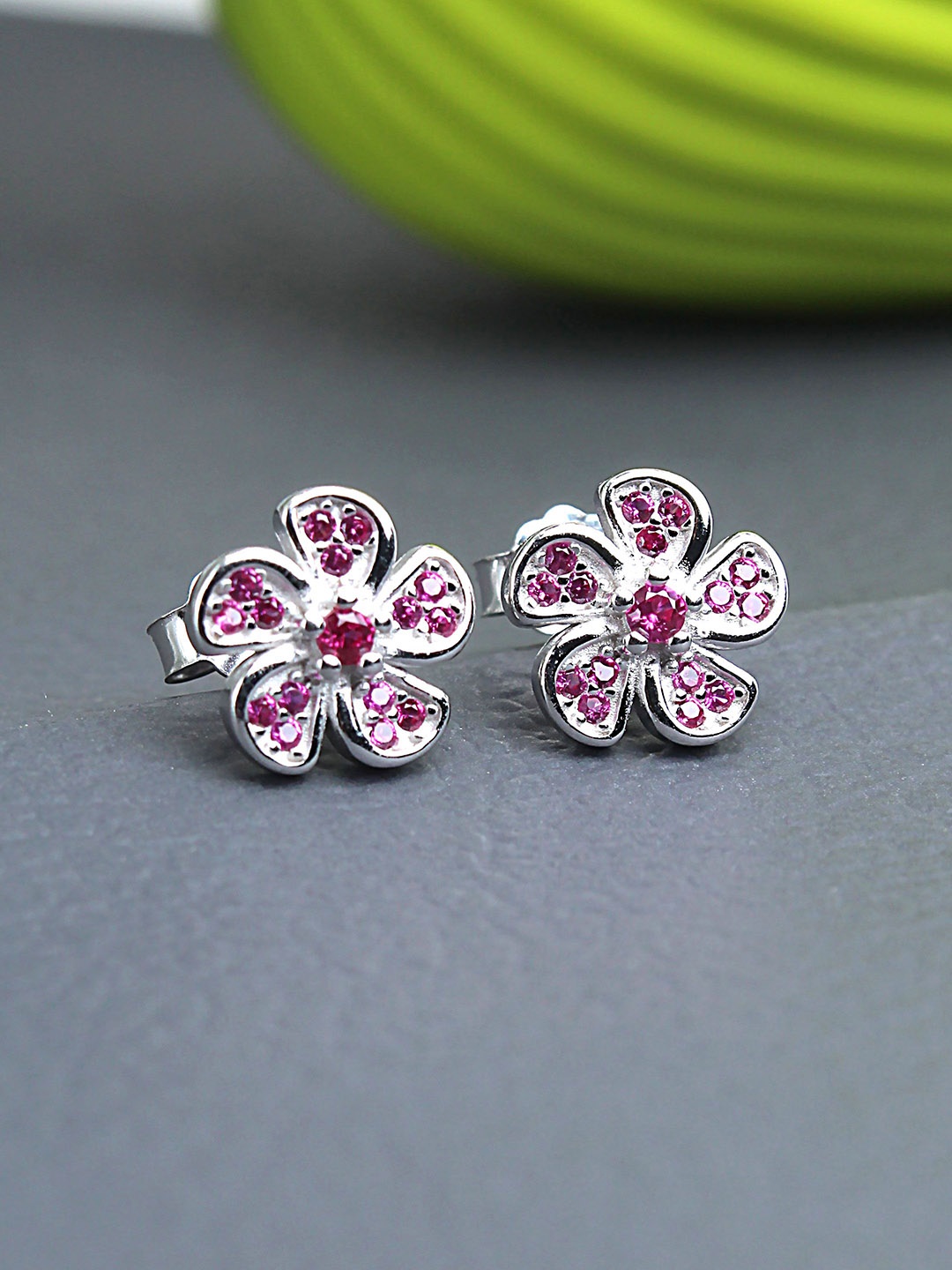 

DEVASHREE 925 Silver Ruby Cubic Zirconia Studded Floral Shaped Studs