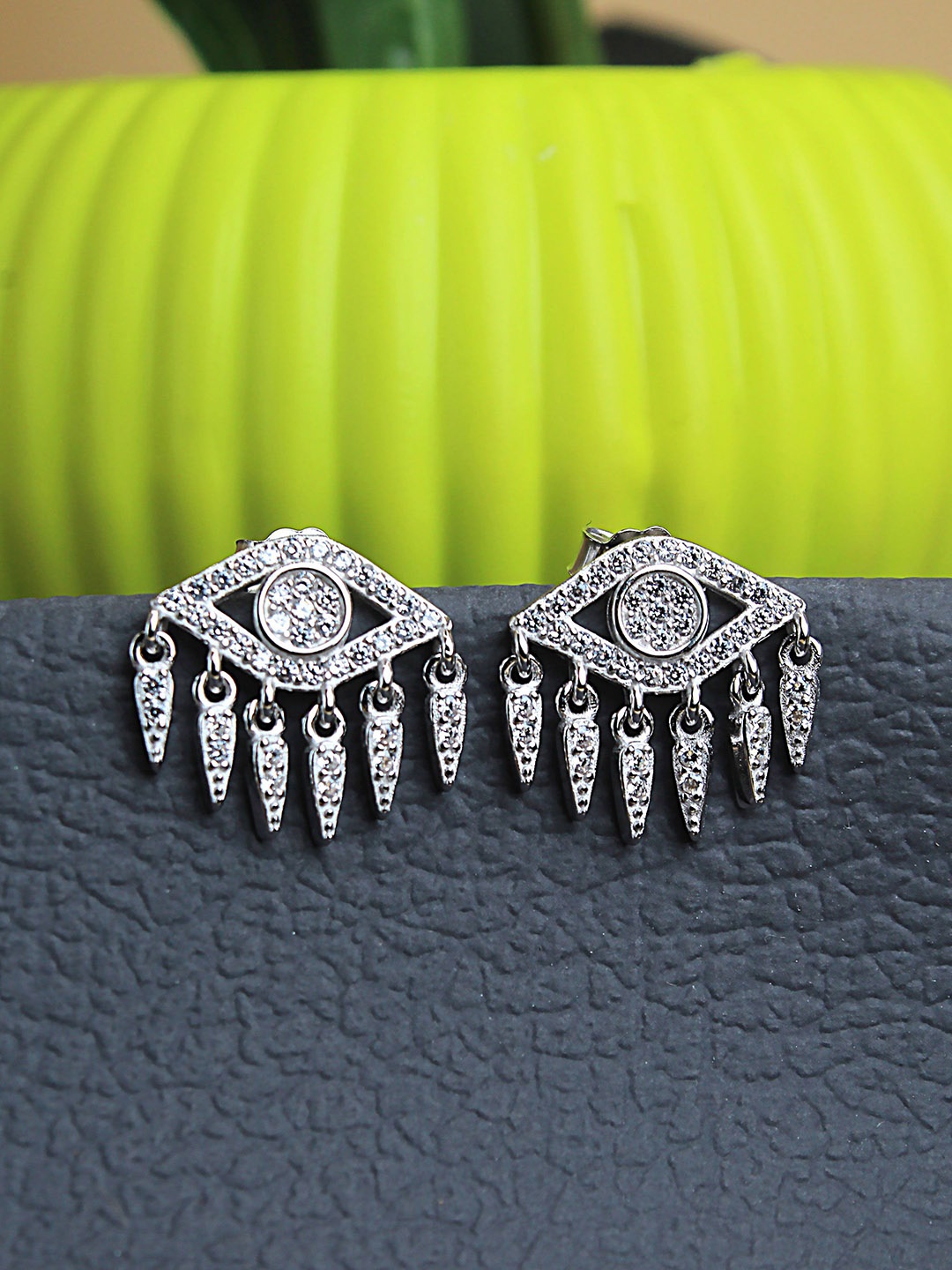 

DEVASHREE 925 Silver Rhodium-Plated Cubic Zirconia Studded Contemporary Shaped Studs