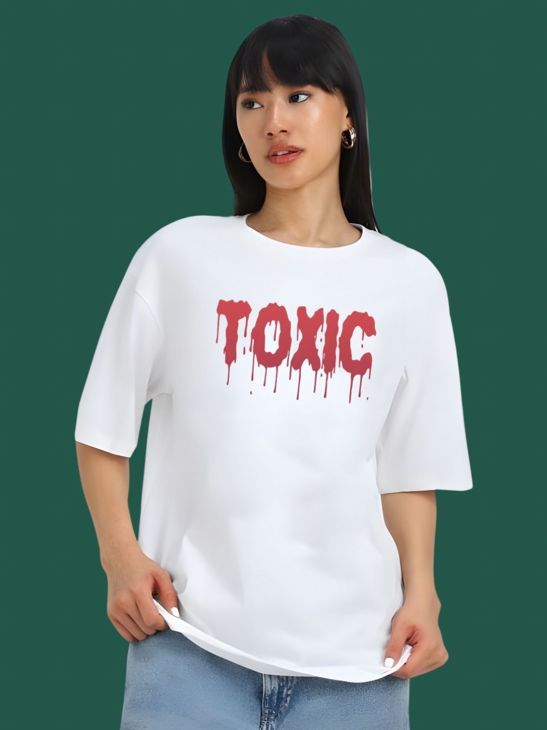 

DressBerry Women Typography Printed Round Neck Cotton Oversized T-shirt, White