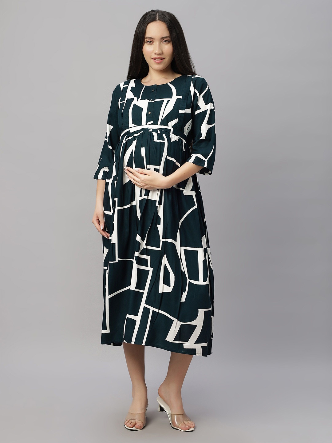 

DZZO Print Women's Printed Maternity Fit & Flare Midi Dress, Green