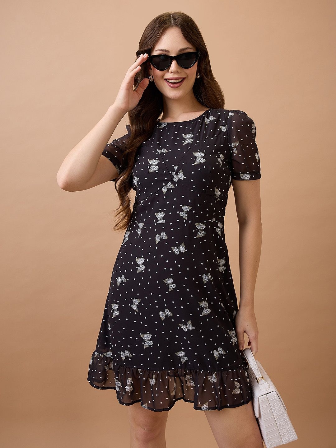 

Globus Polka Dot Print Puff Sleeve Ruffled Georgette Fit & Flare Mini Dress, Black