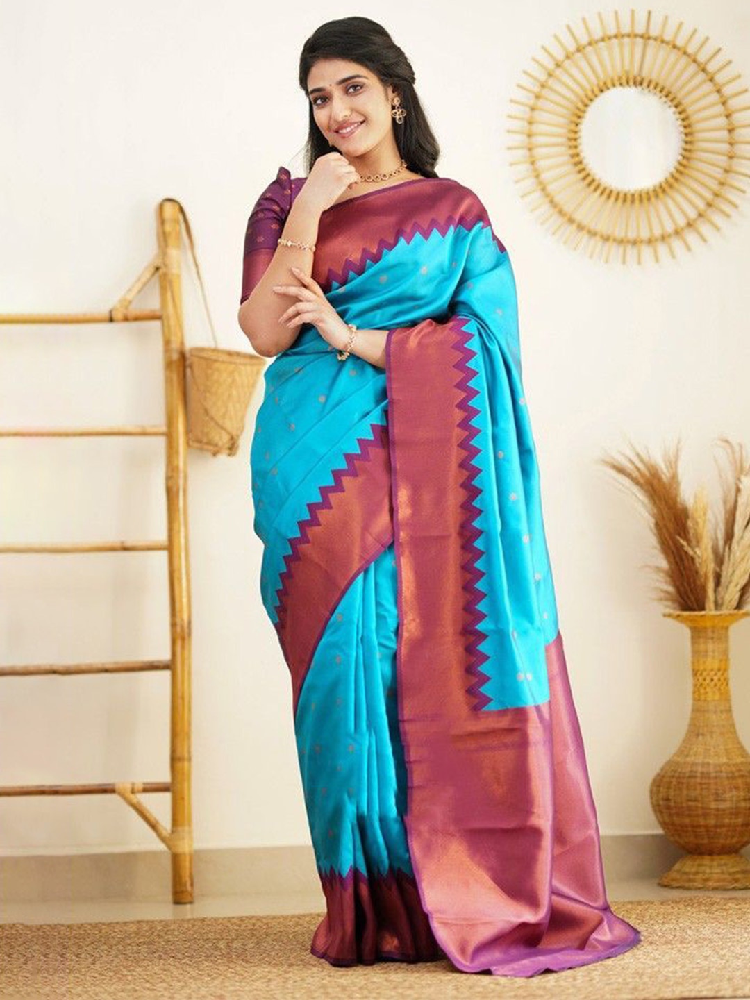 

Aika Woven Design Zari Pure Silk Banarasi Saree, Turquoise blue