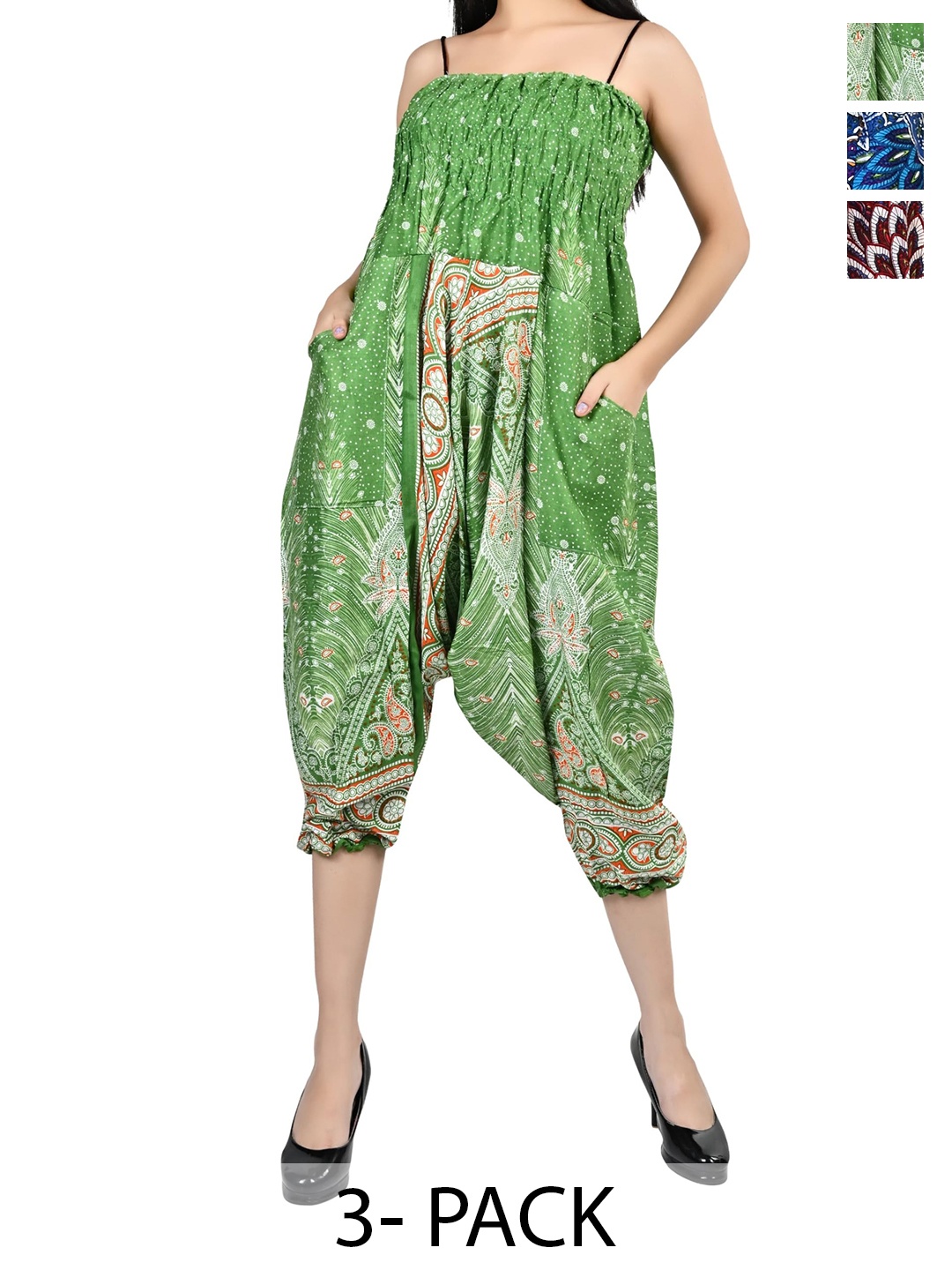 

NarNari Women Pack Of 3 Printed Loose Fit Harem Pants, Green