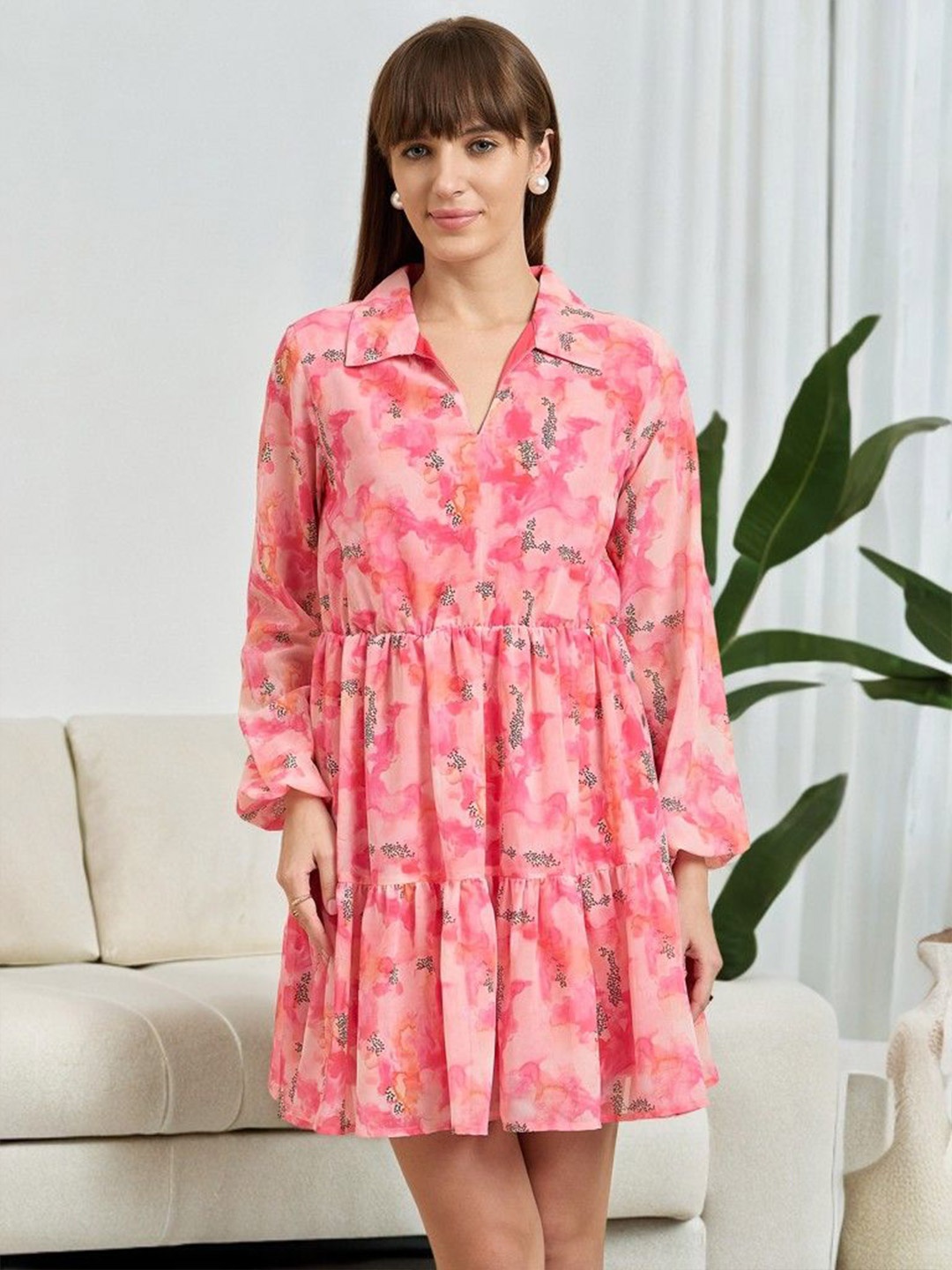 

ANJIR Women Printed Puff Sleeves Fit & Flare Dress, Pink