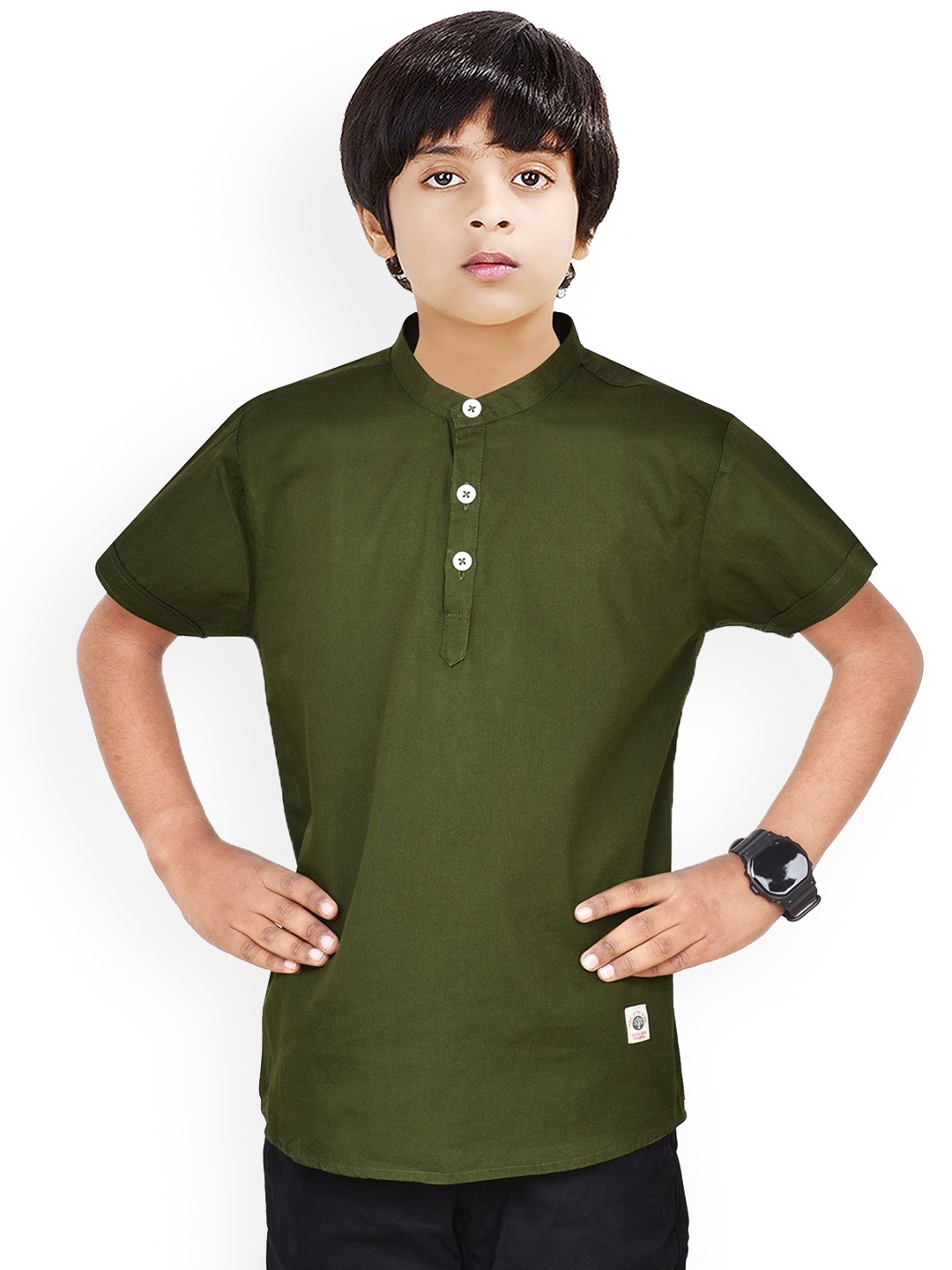 

MADE IN THE SHADE Boys Band Collar Pure Cotton Kurta, Olive
