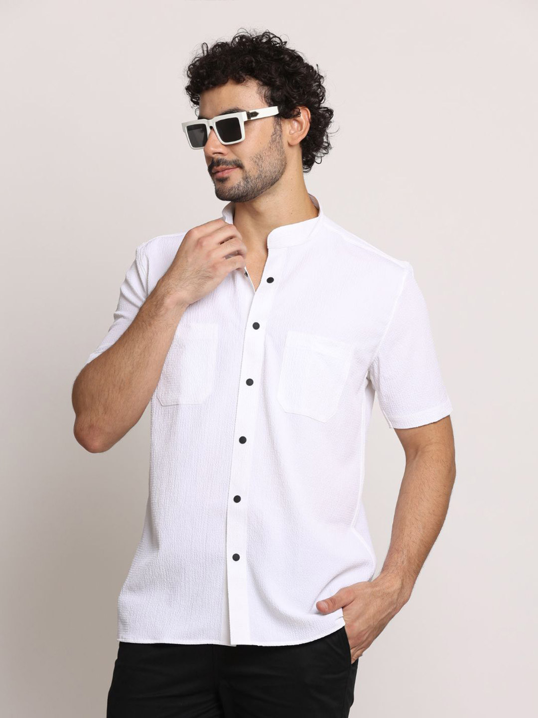 

ASHTOM Men Standard Fit Mandarin Collar Textured Cotton Casual Shirt, White