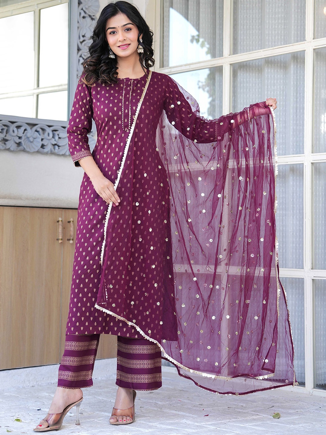 

Nayo Women Ethnic Motifs Printed Regular Gotta Patti Kurta with Palazzos & With Dupatta, Burgundy