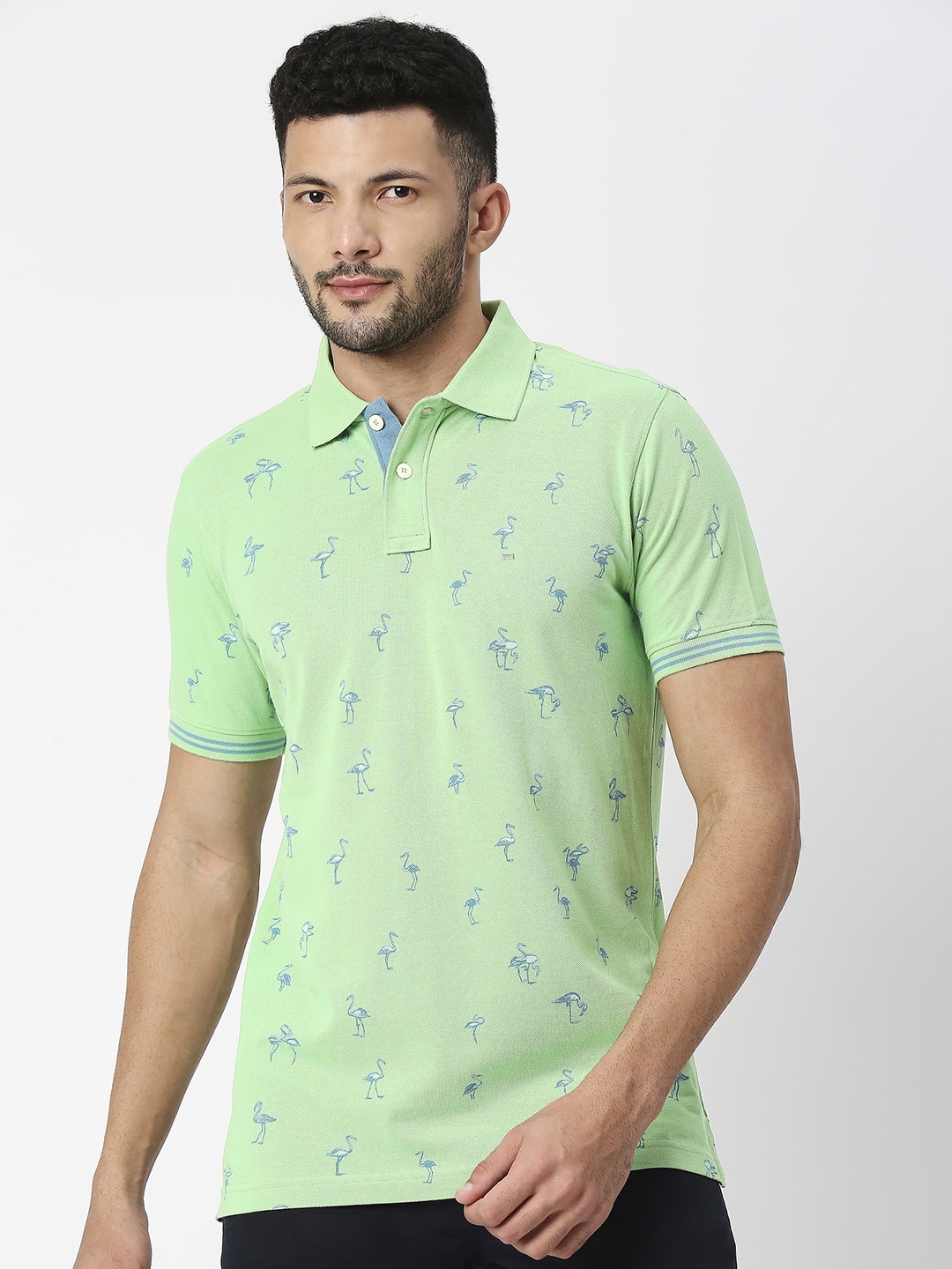 

Basics Men Conversational Printed Polo Collar Cotton Boxy T-shirt, Green