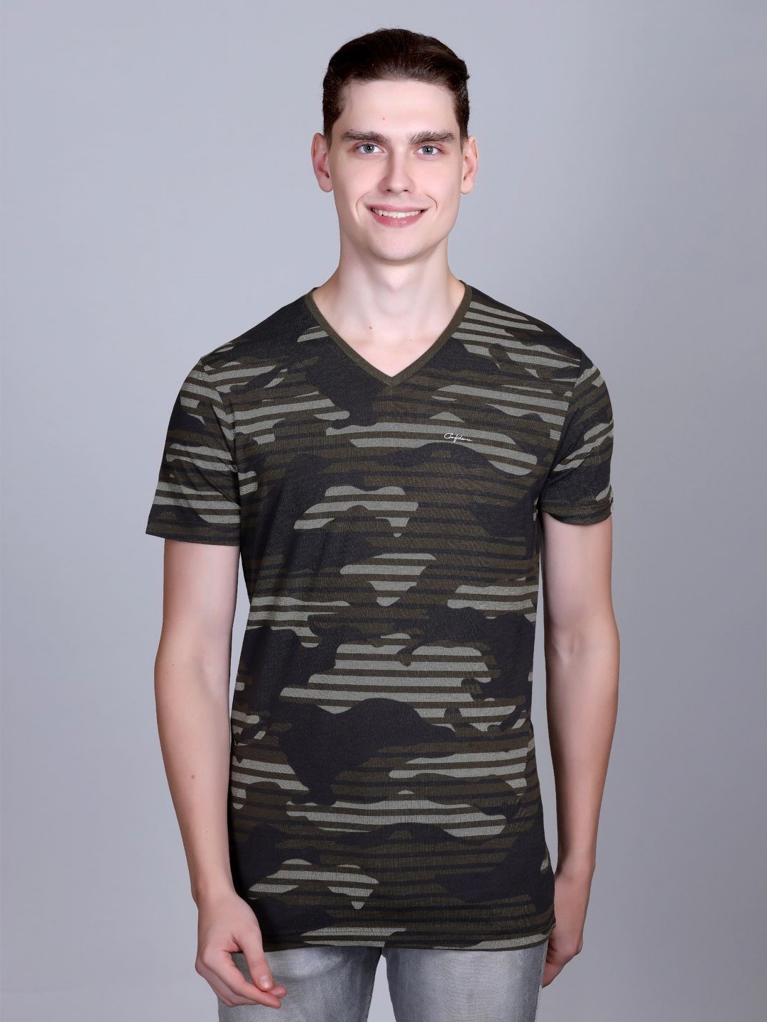 

CONFIDENCE Men Striped V-Neck Cotton Slim Fit T-shirt, Olive