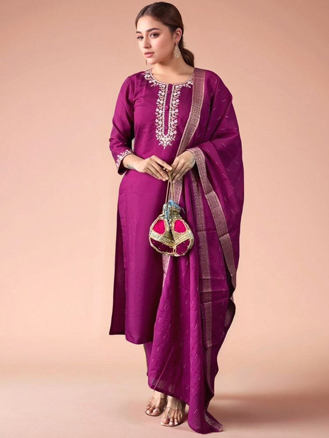 

Siya Fashion Floral Embroidered Straight Thread Work Kurta With Trousers And Dupatta, Purple