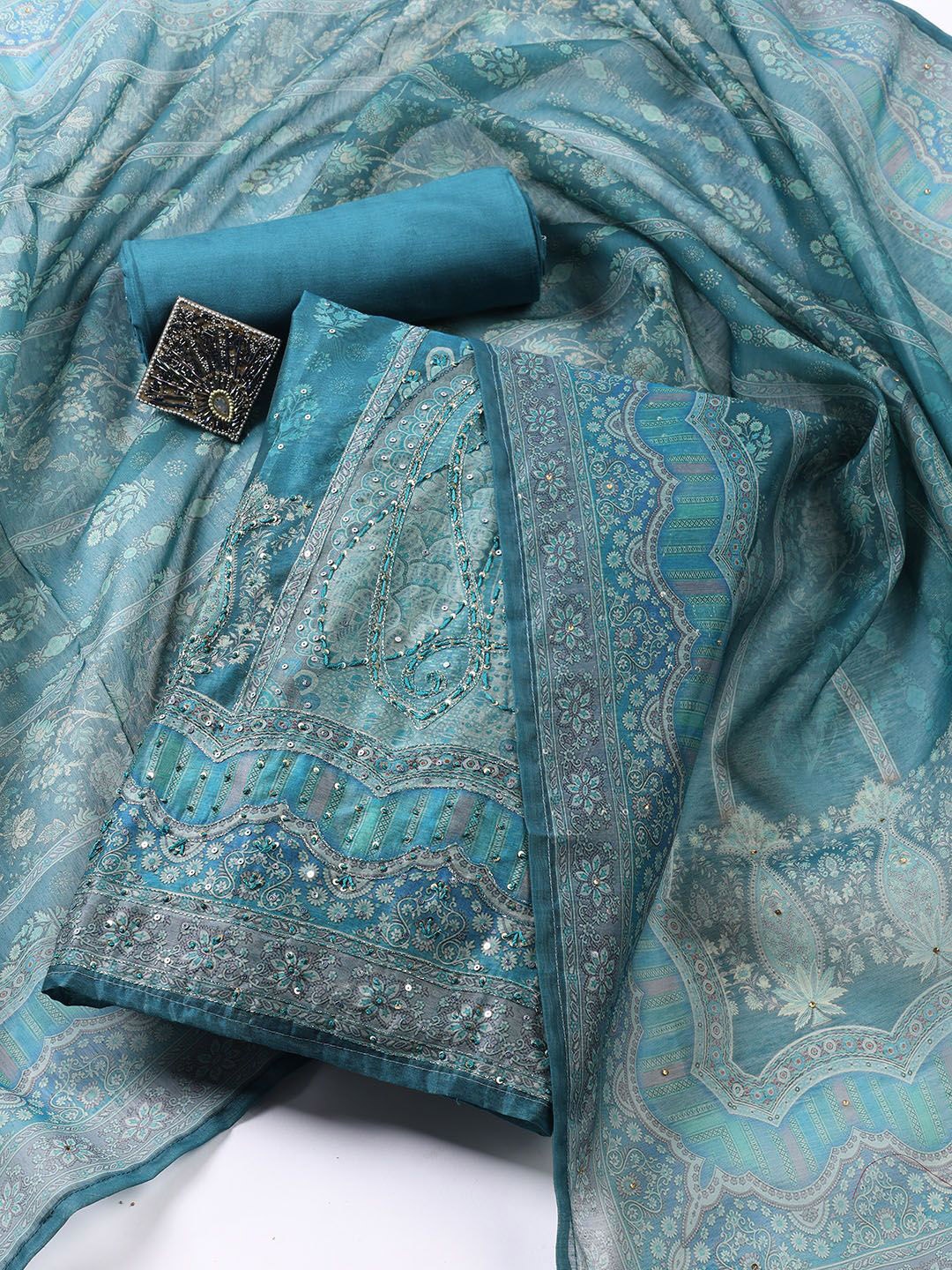 

Meena Bazaar Floral Printed Sequinned Chanderi Unstitched Dress Material, Blue