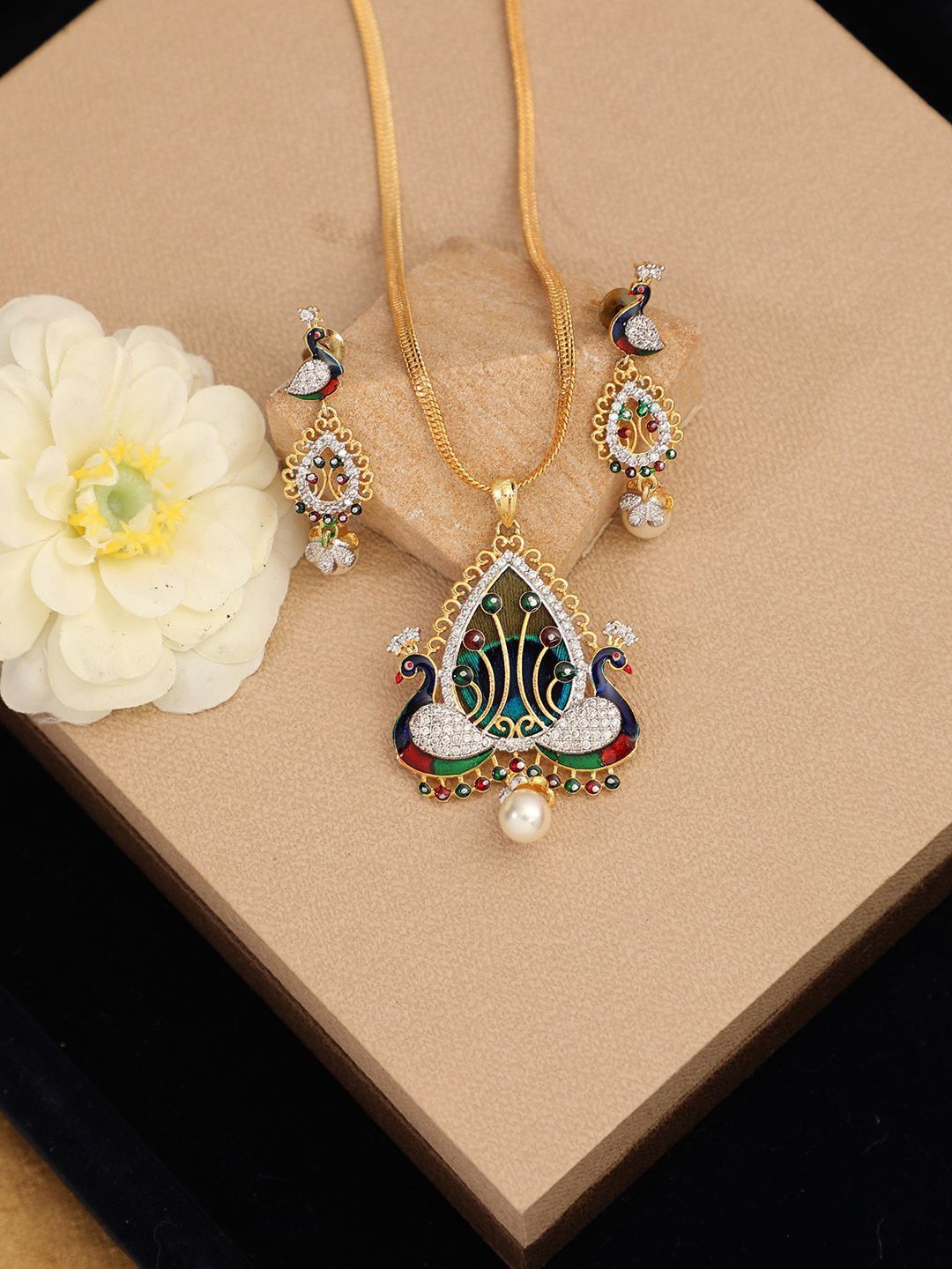 

Anouk Gold-Plated American Diamond Studded Pendant With Earrings