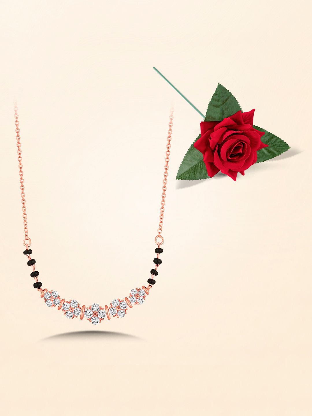 

Peora Rose Gold-Plated CZ Studded Mangalsutra With Red Rose