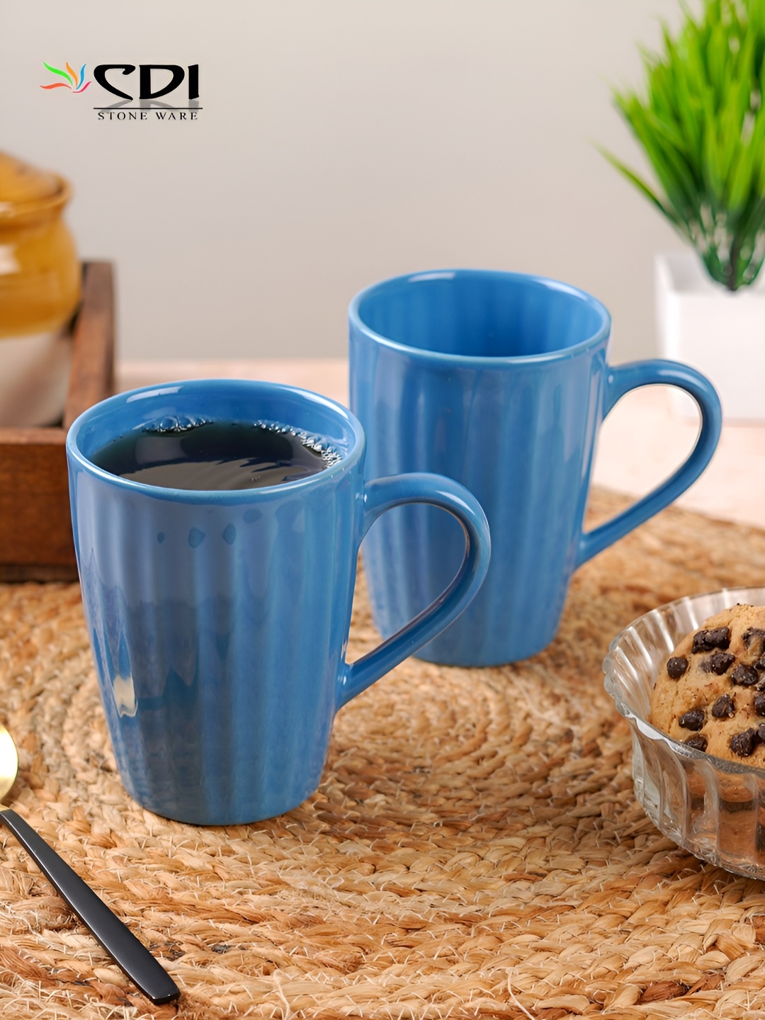 

CDI Blue 2 Pieces Textured Ceramic Glossy Mugs 300 ml Each