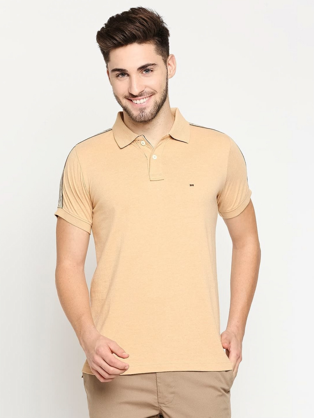 

Basics Men Solid Polo Collar Cotton T-shirt, Beige