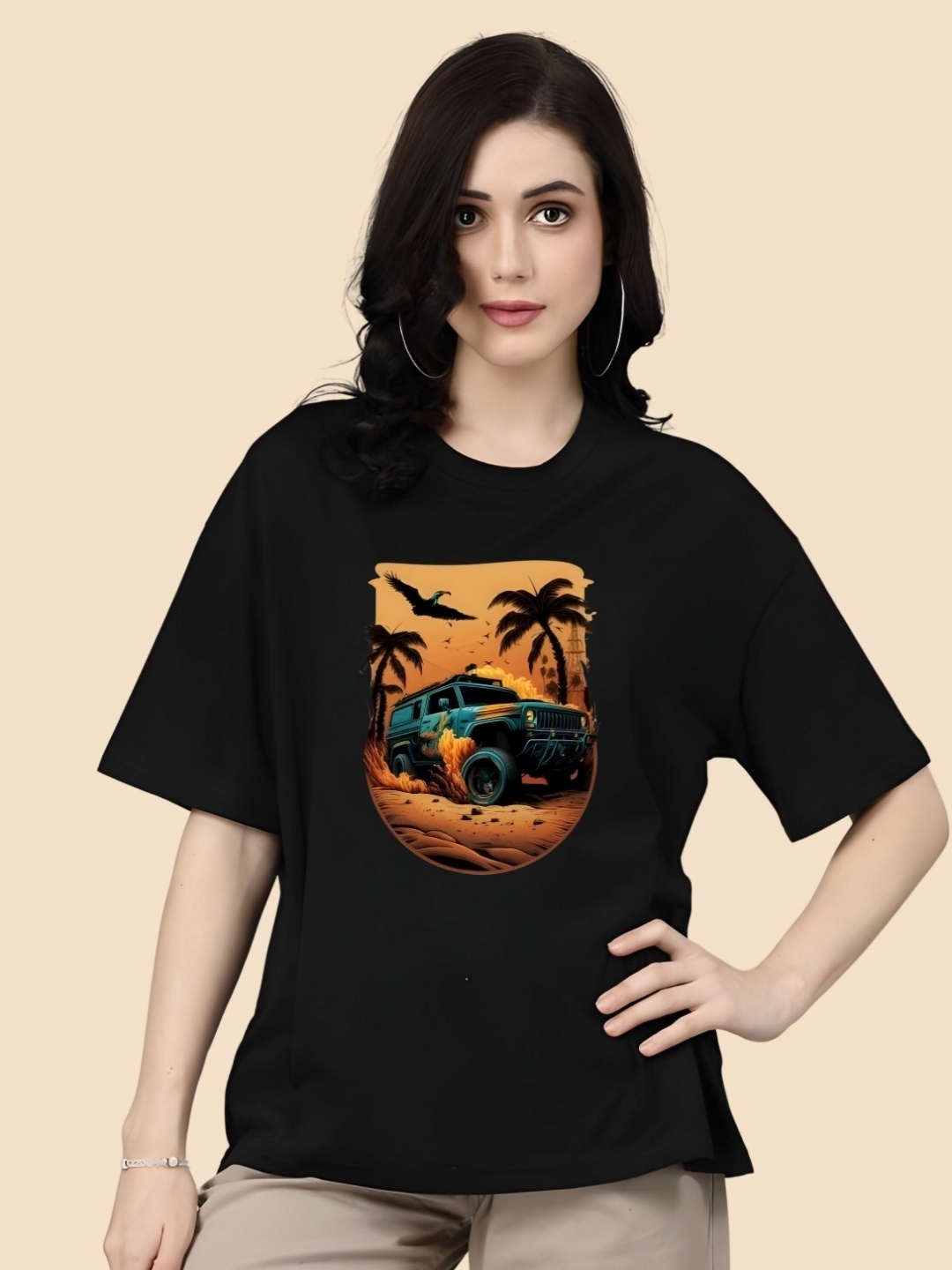 

SZN Women Graphic Printed Round Neck Cotton Oversized T-shirt, Black