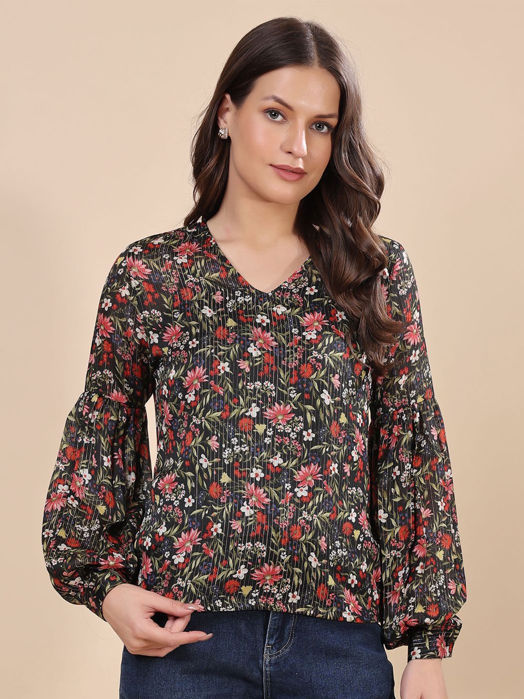 

Moda Rapido Floral Print Bishop Sleeves Georgette Tube Top, Black