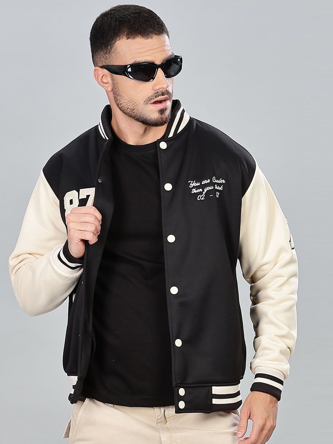 

COLOR HUNT Men Typography Varsity Jacket with Embroidered, Black