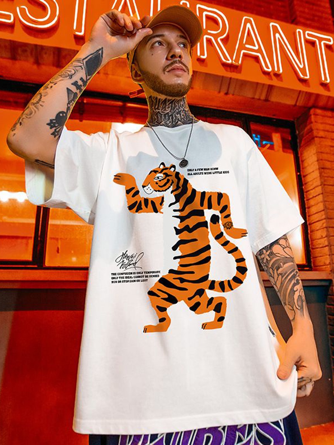 

HERE&NOW Men Graphic Printed Round Neck Oversized T-shirt, White