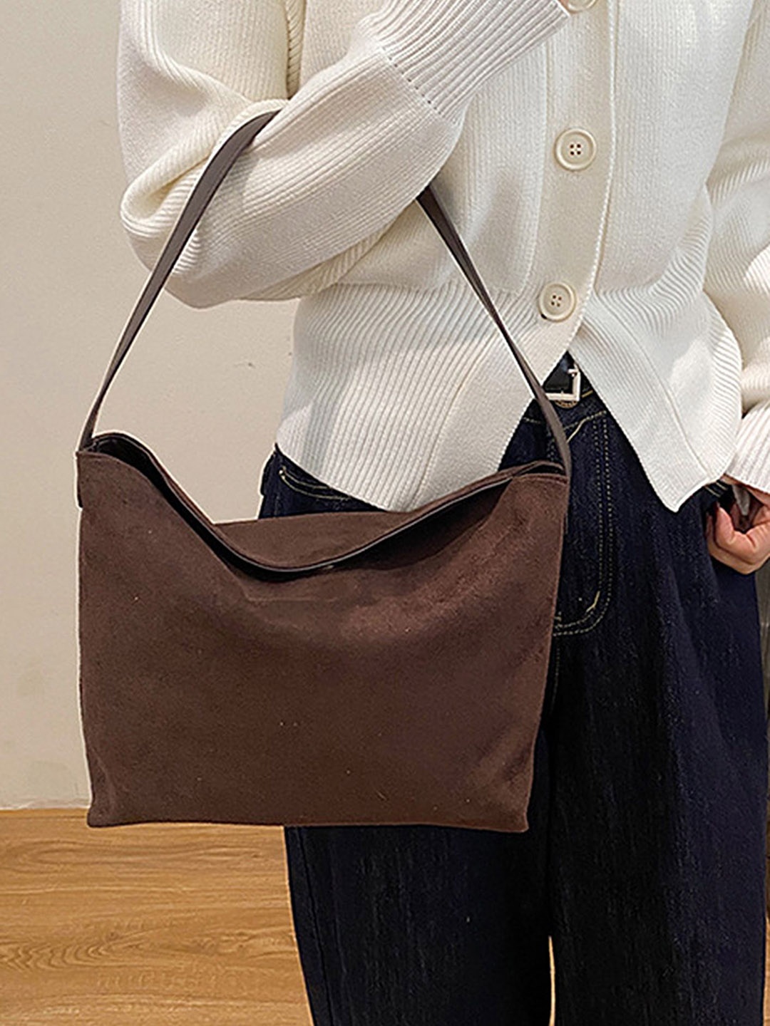 

LULU & SKY Colourblocked PU Oversized Bucket Hobo Bag with Cut Work, Brown