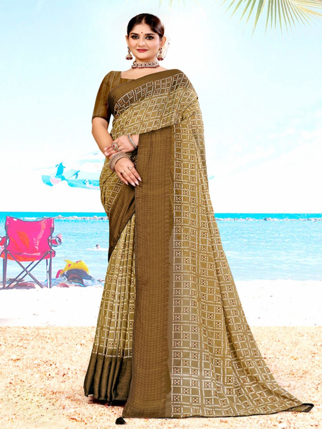 

SHOPPKEE Bandhani Maheshwari Saree, Khaki
