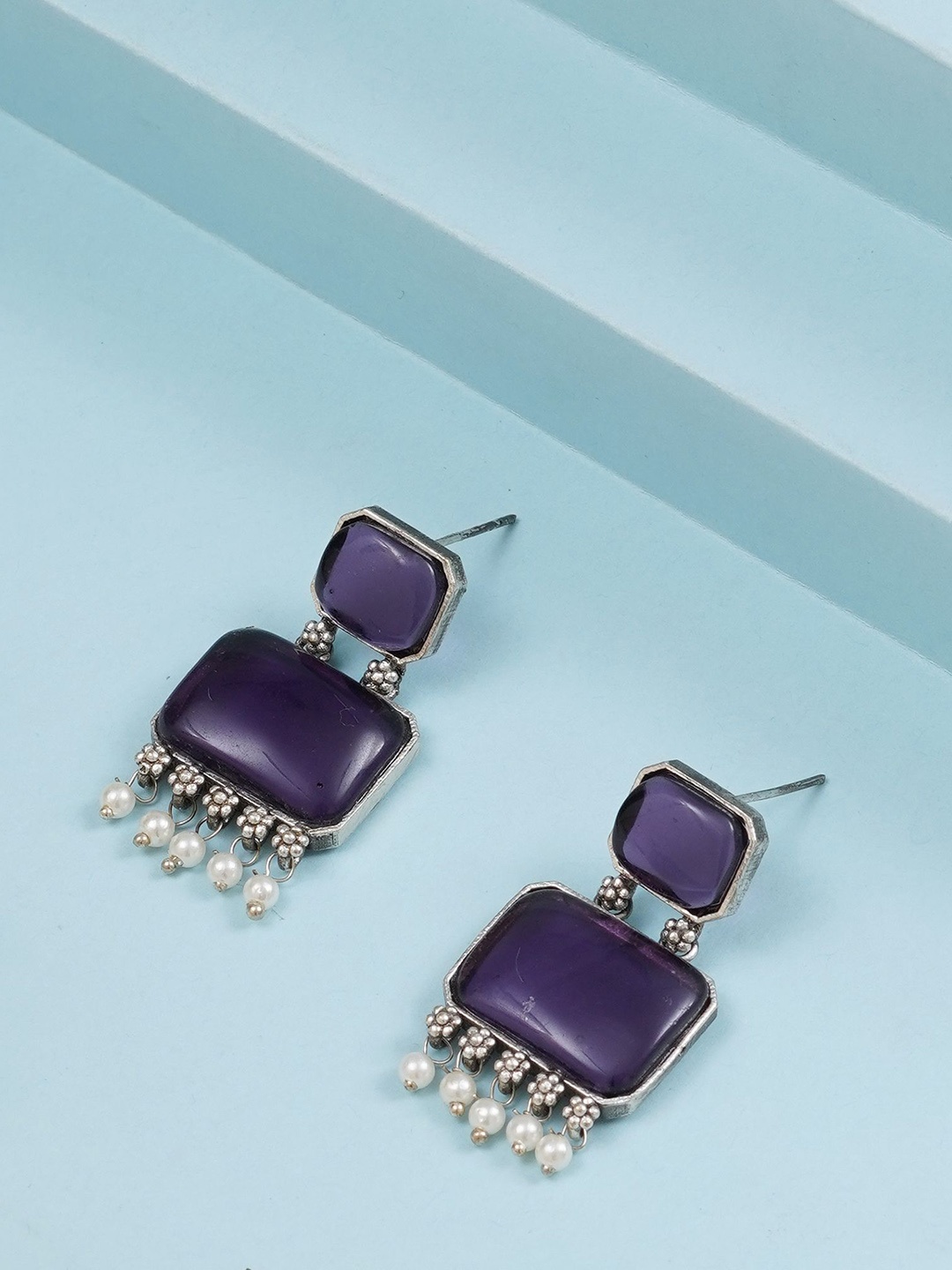 

JEWILLEY Parnika Silver-Plated Artificial Stones Studded & Beaded Oxidised Drop earrings, Purple