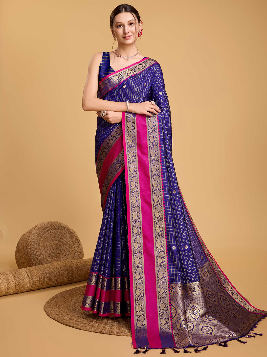 

DIVASTRI Woven Design Zari Silk Blend Banarasi Saree, Blue