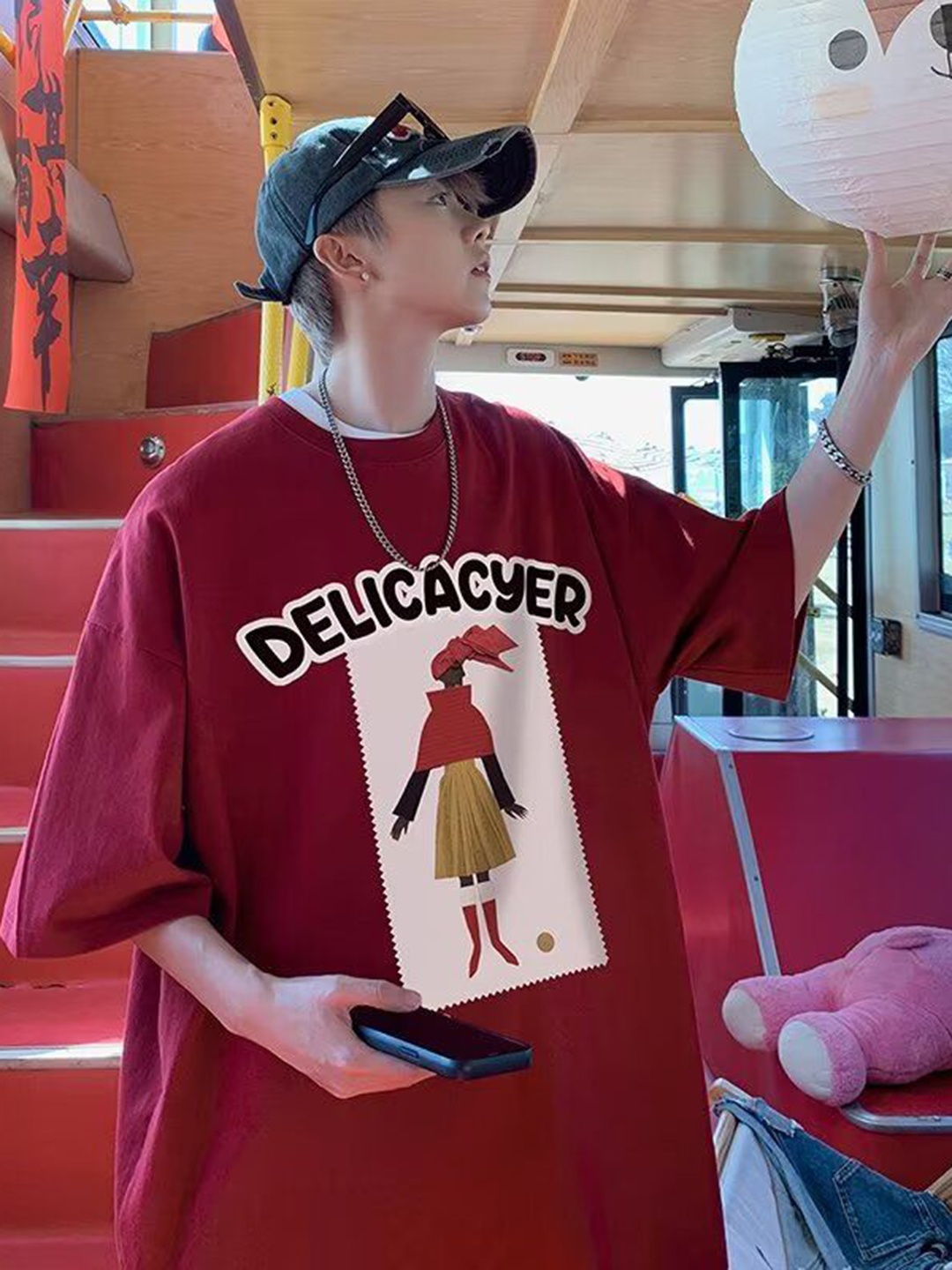 

HERE&NOW Men Graphic Printed Round Neck Cotton Oversized T-shirt, Maroon