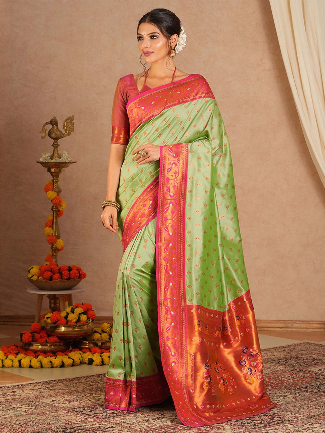 

Anouk Woven Design Zari Silk Blend Paithani Saree, Green