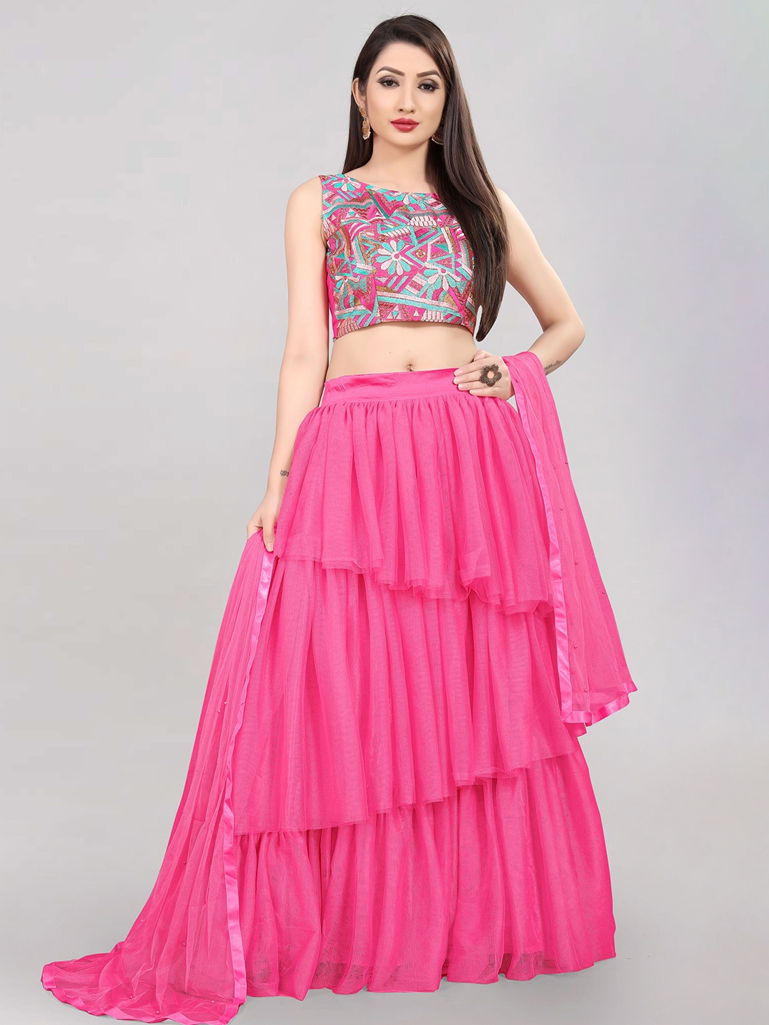 

DIVASTRI Floral Embroidered Thread Work Semi-Stitched Lehenga With Choli & Dupatta, Magenta