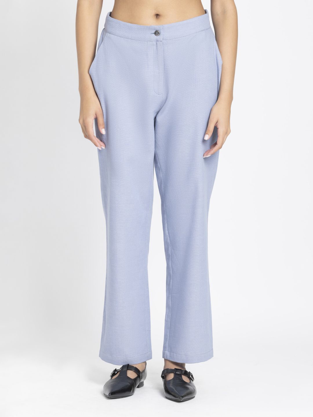 

SHAYE Women Blue High-Rise Solid Casual Straight Trousers