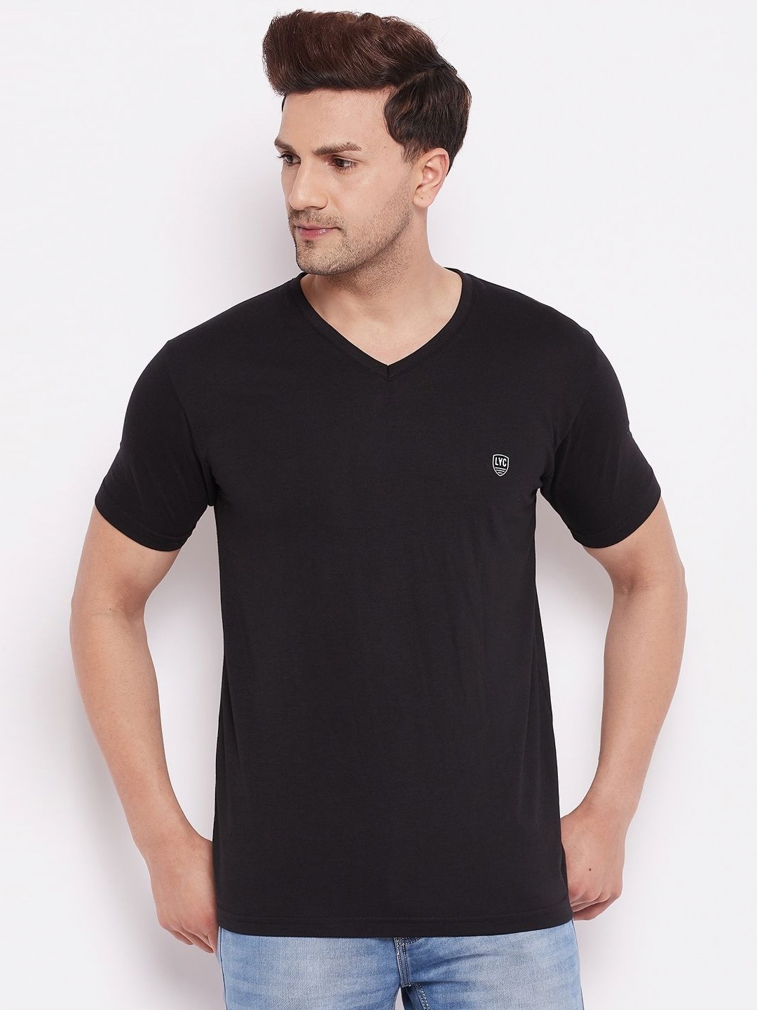 

LYCOS Men Solid V-Neck Cotton T-shirt, Black