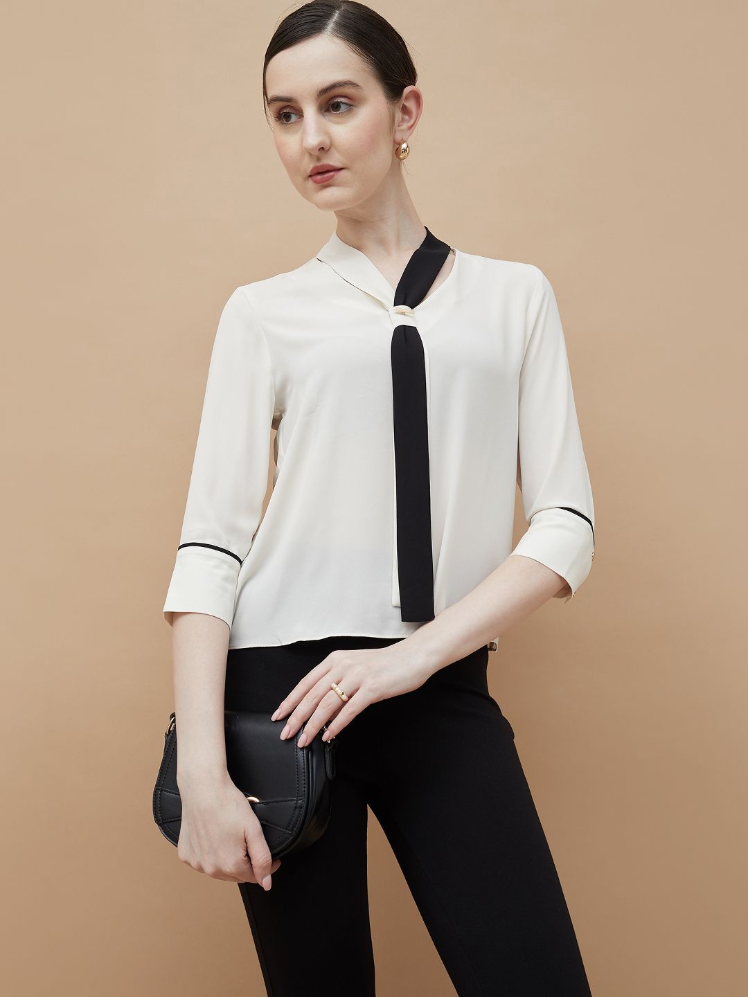 

CODE by Lifestyle Tie-Up Neck Shirt Style Top, Beige