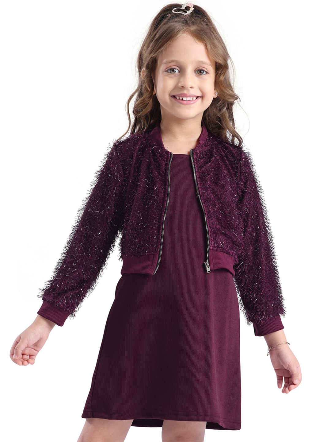 

Hola Bonita Girls Solid Purple A-Line Dress With Embellished Fur Jacket