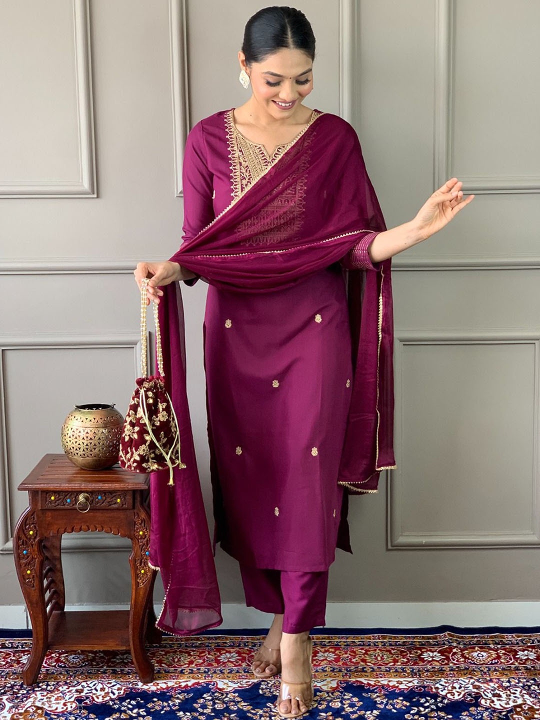 

KALINI Embroidered Notch Neck Kurta With Trousers & Dupatta, Magenta