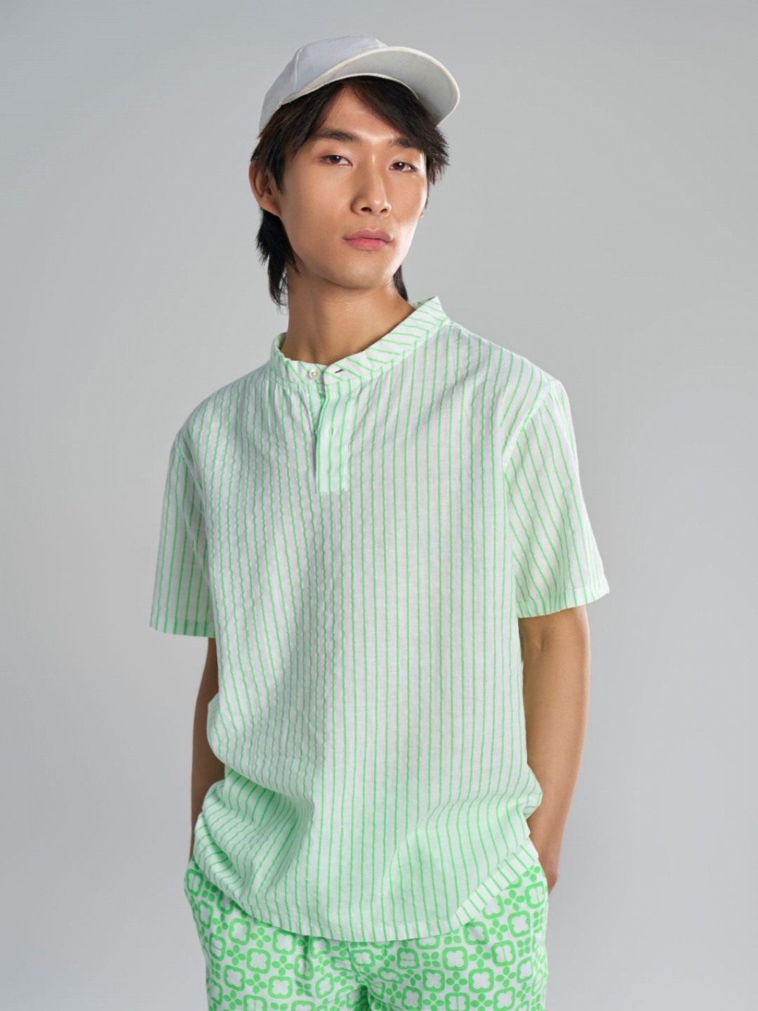 

Terra Luna Men Striped Mandarin Collar Cotton T-shirt, White