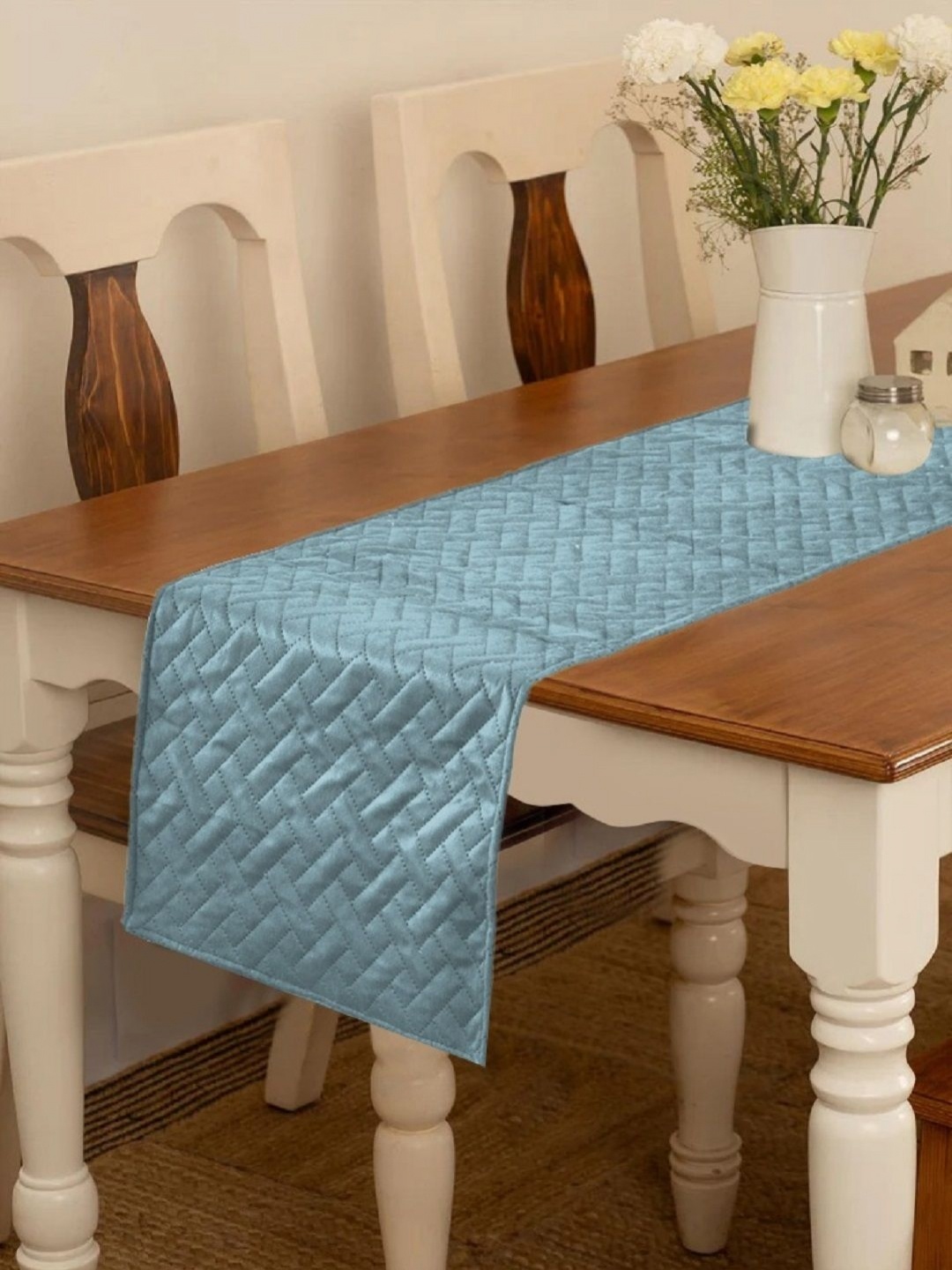 

Myntra Elegant Homes Turquoise Blue Quilted Velvet Table Runner