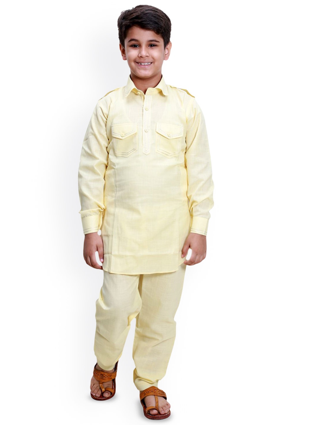 

BAESD Boys Long Sleeves Shirt Collar Pathani Kurta With Pyjamas, Yellow