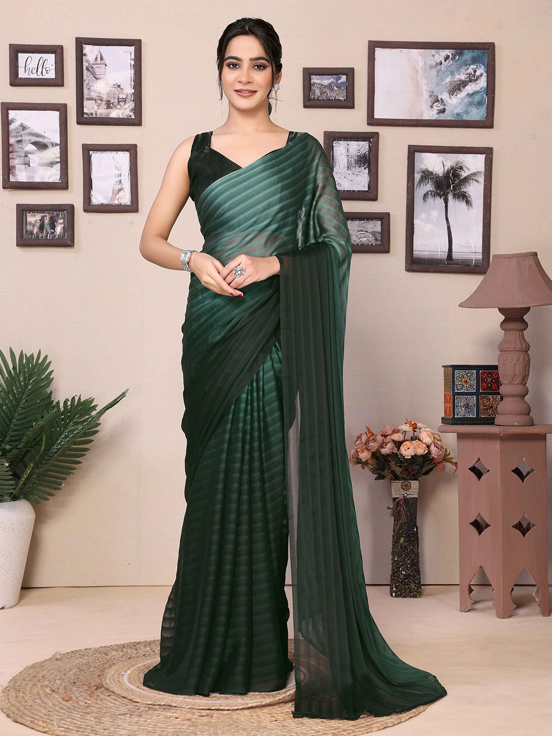 

Rhey Striped Pure Georgette Ready to Wear Saree, Green