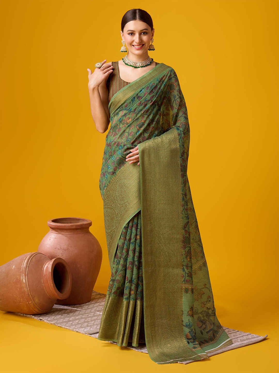 

DIVASTRI Kalamkari Zari Saree, Green