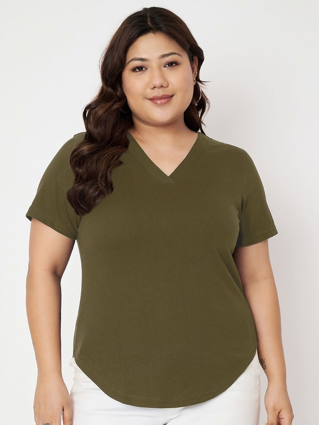 

BRINNS Women Plus Size Solid V-Neck Cotton T-shirt, Olive