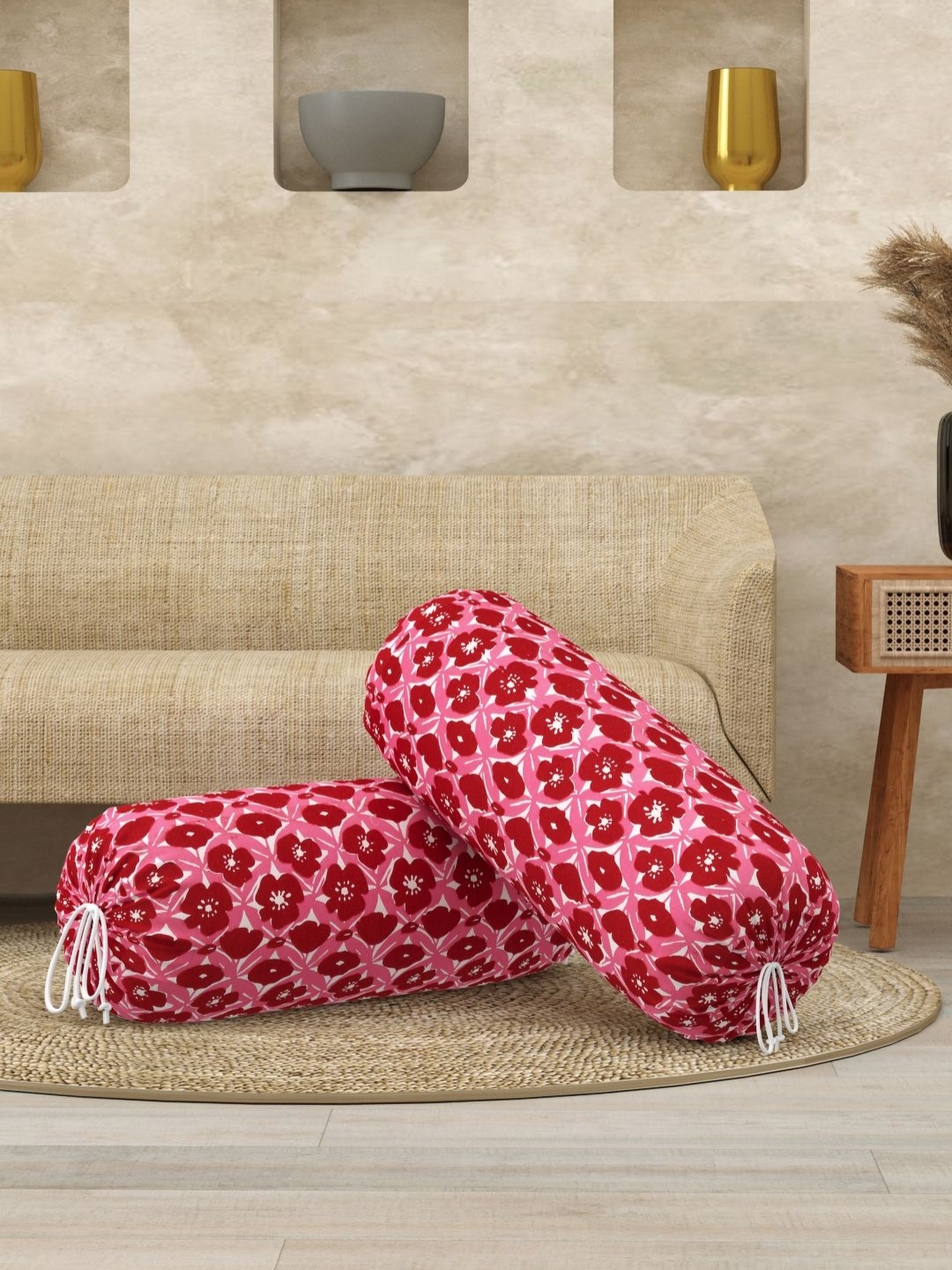 

BLOCKS OF INDIA Pink & Red 2 Pieces Floral Printed Cotton Bolster Covers
