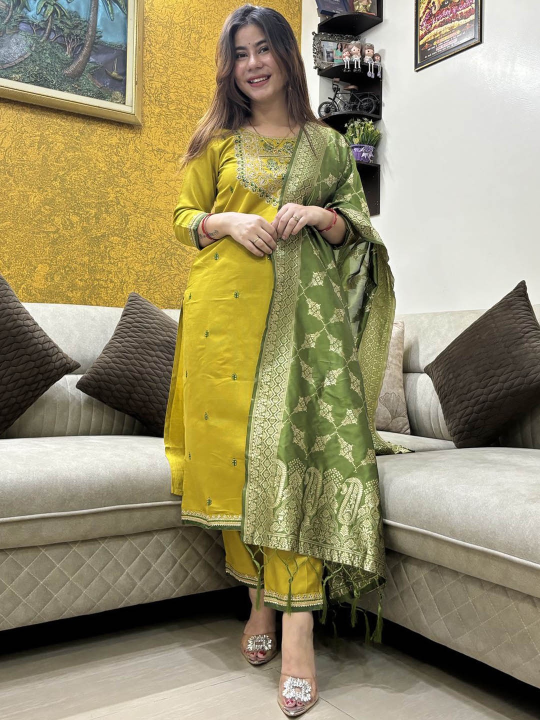 

VredeVogel Floral Embroidered Zari Straight Kurta With Trouser And Dupatta, Yellow