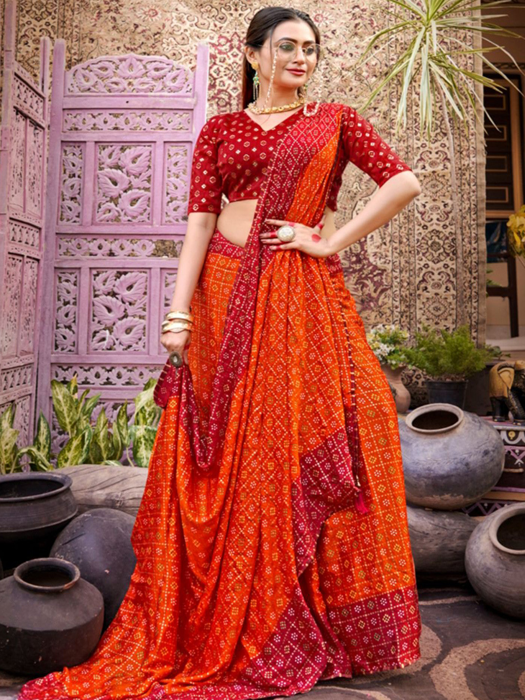 

SHOPPKEE Bandhani Poly Chiffon Designer Banarasi Saree, Orange