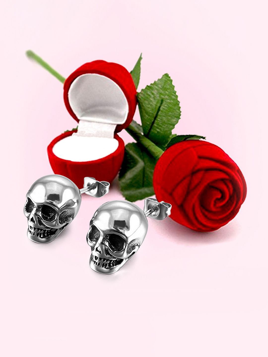 

Peora Men Stainless Steel Silver-Plated Skull Studs With Red Rose Box